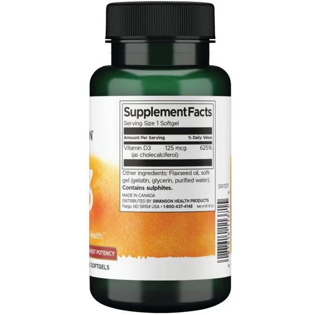 Composition of Swanson Vitamin D3 Highest Potency 5,000 IU (125 mcg) 250 Softgels
