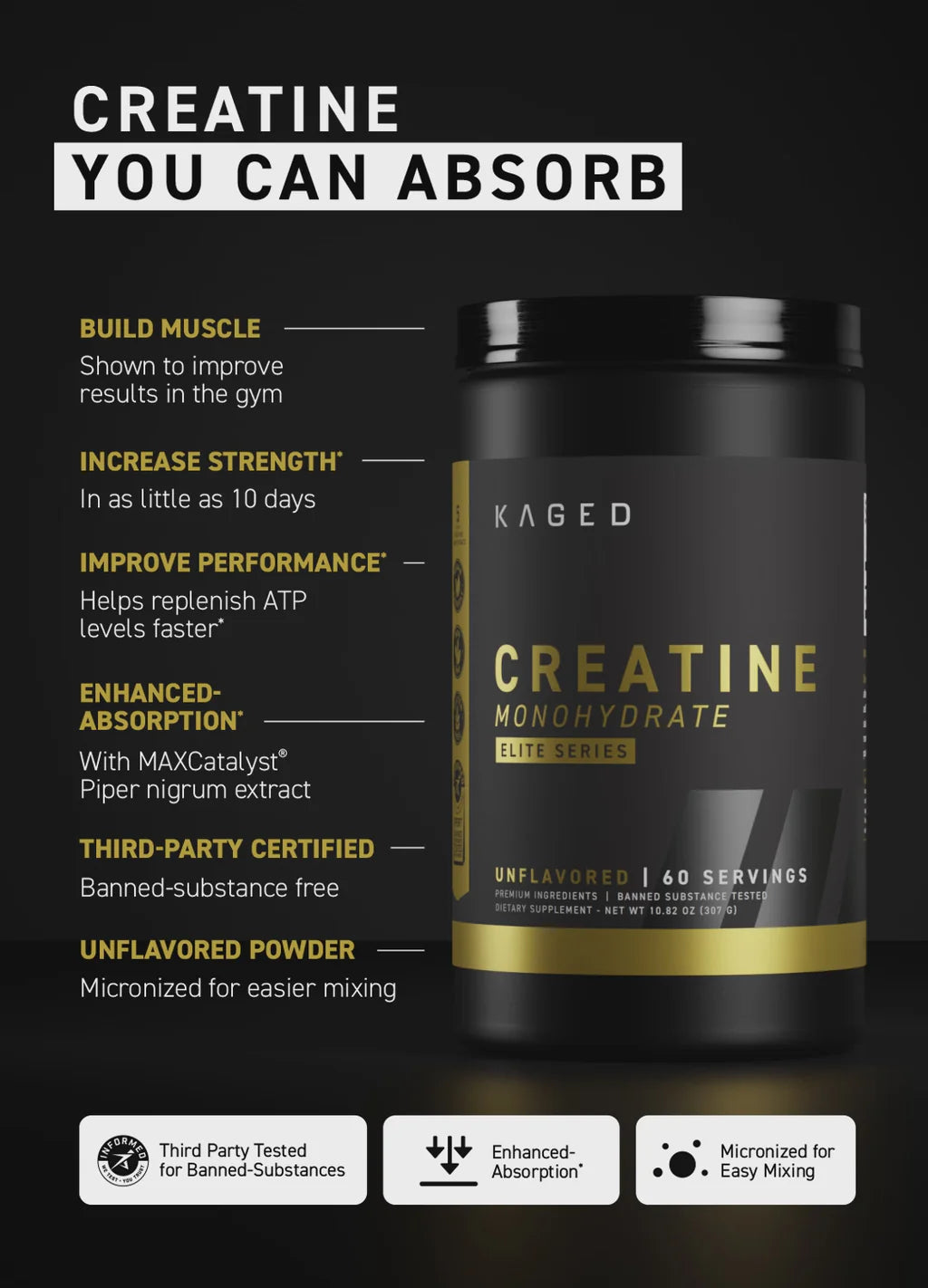 Kaged Muscle Creatine Monohydrate - Elite Series, Unflavoured - 307 g