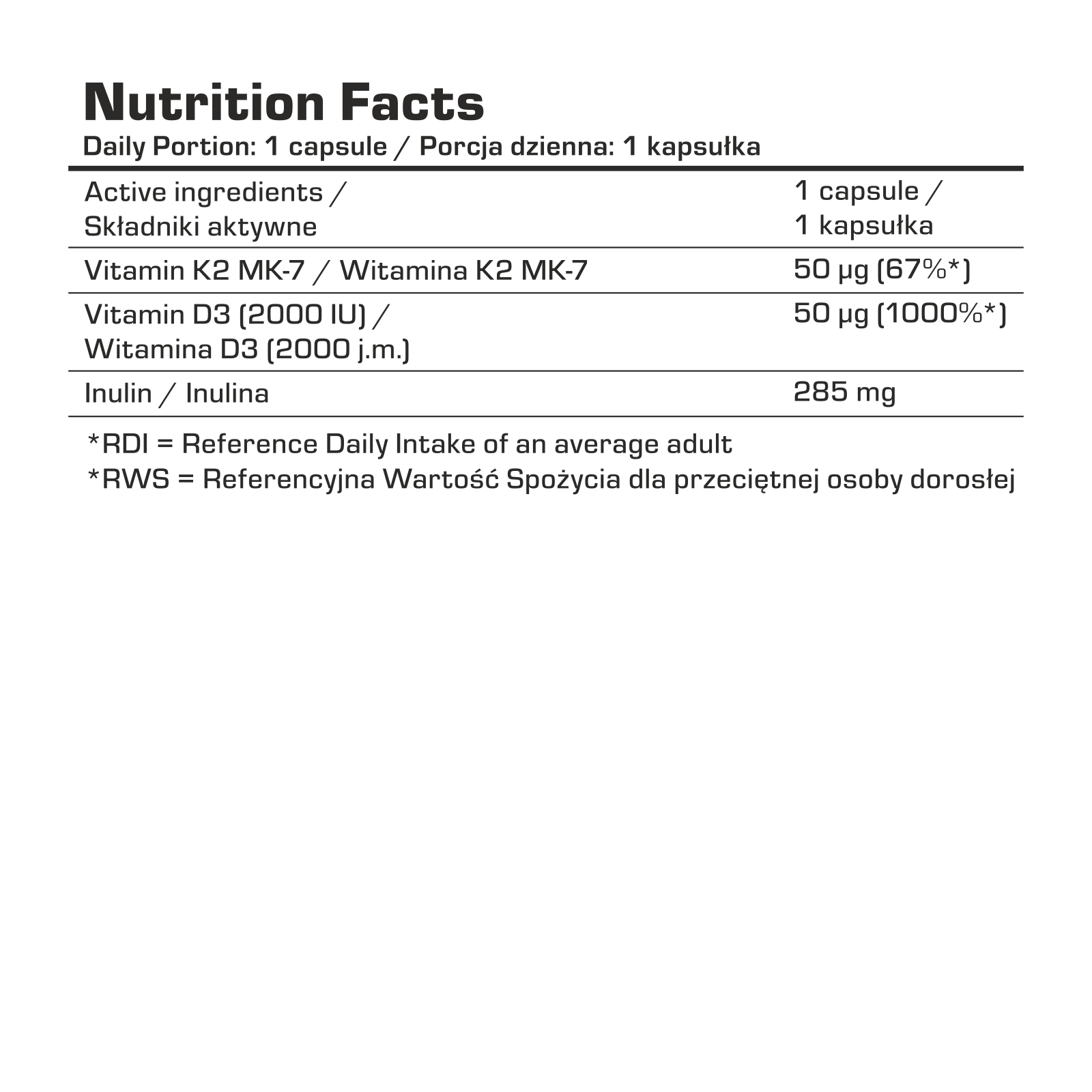 7 Nutrition Vitamin D3 + K2 Mk7 120caps. composition table