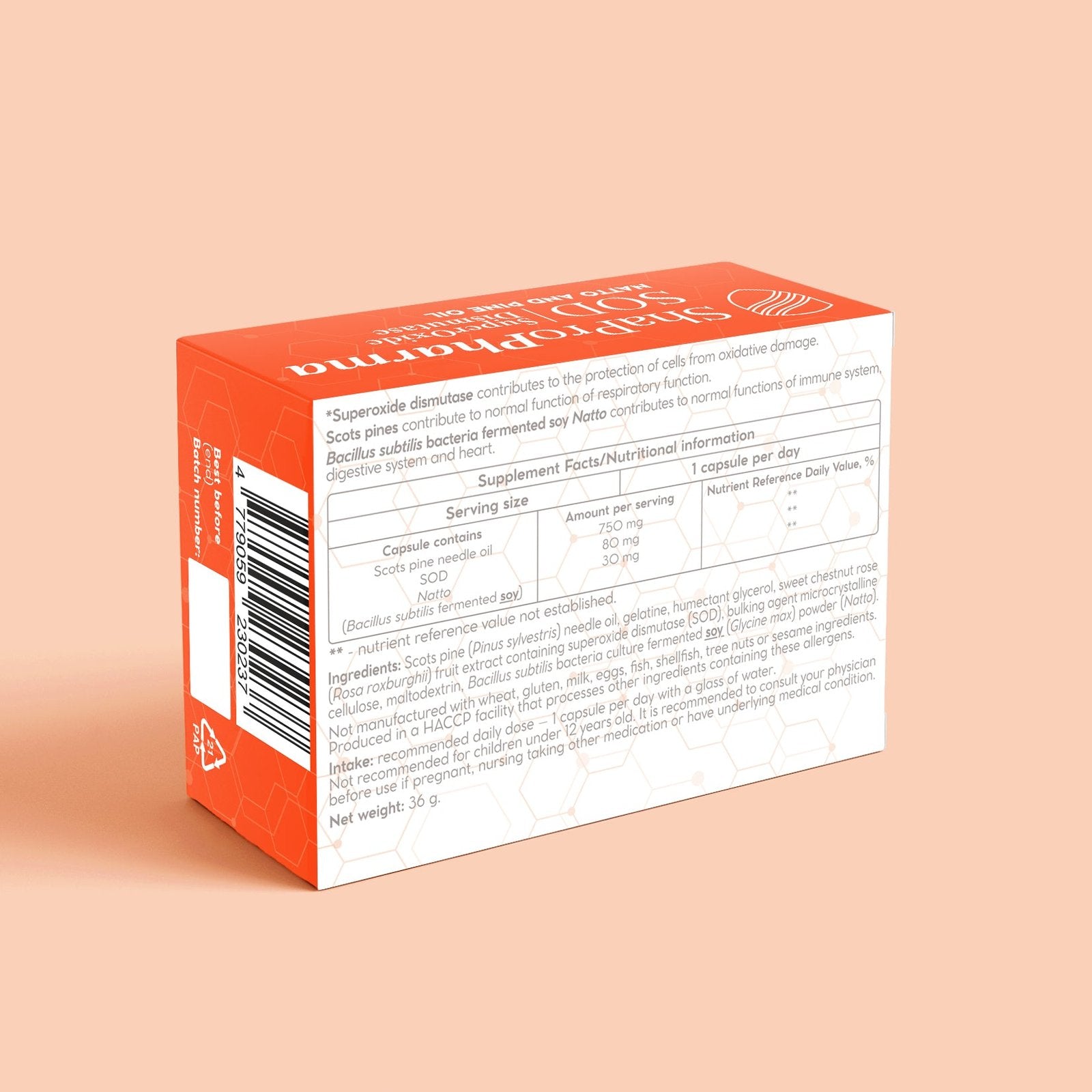 Shapropharma SOD (Superoxide dismutase + Natto + Scots pine) composition of 30 capsules