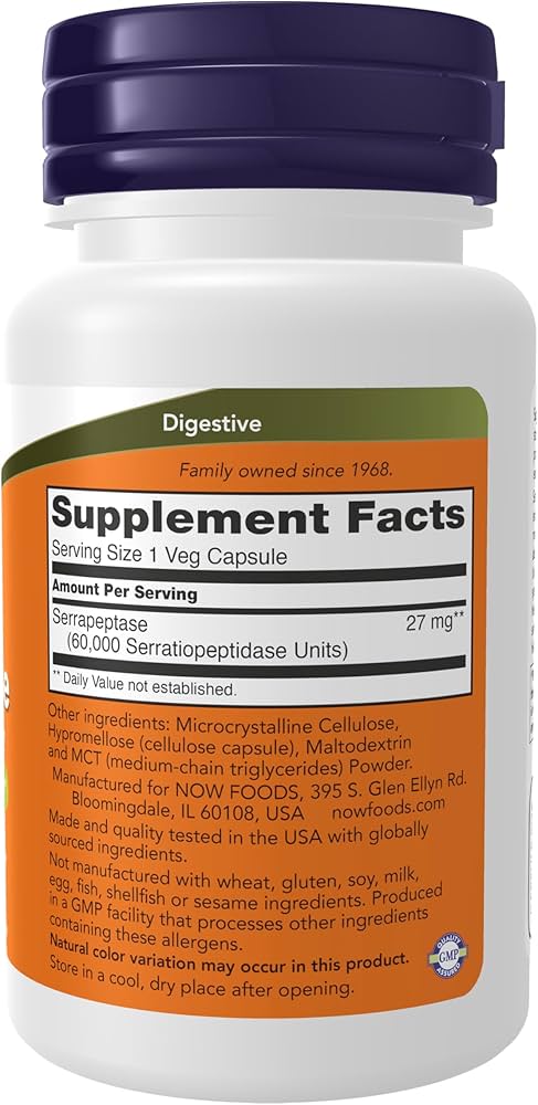 NOW Foods Serrapeptase 60,000 SPU – 60 Vegan Capsules