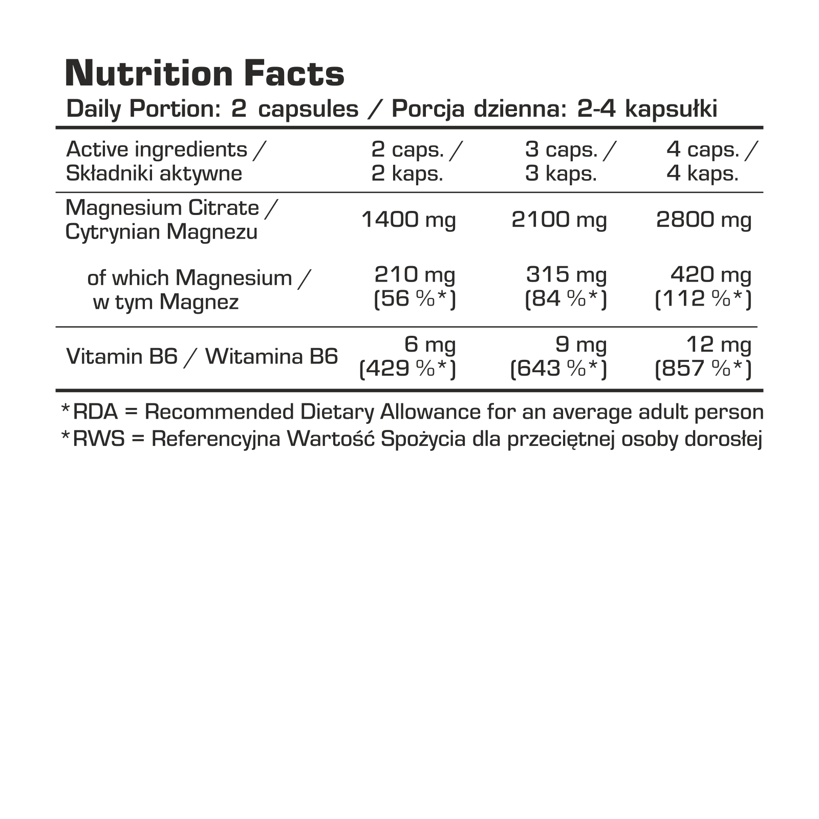 7Nutrition Magnesium Citrate + B6 120 Vege Caps nutritional value
