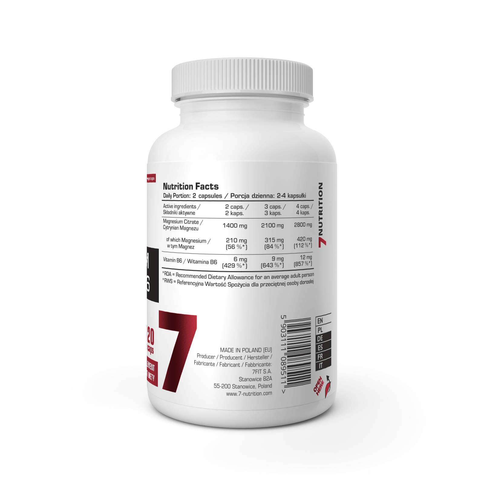 Composition of 7Nutrition Magnesium Citrate + B6 120 Vege Caps