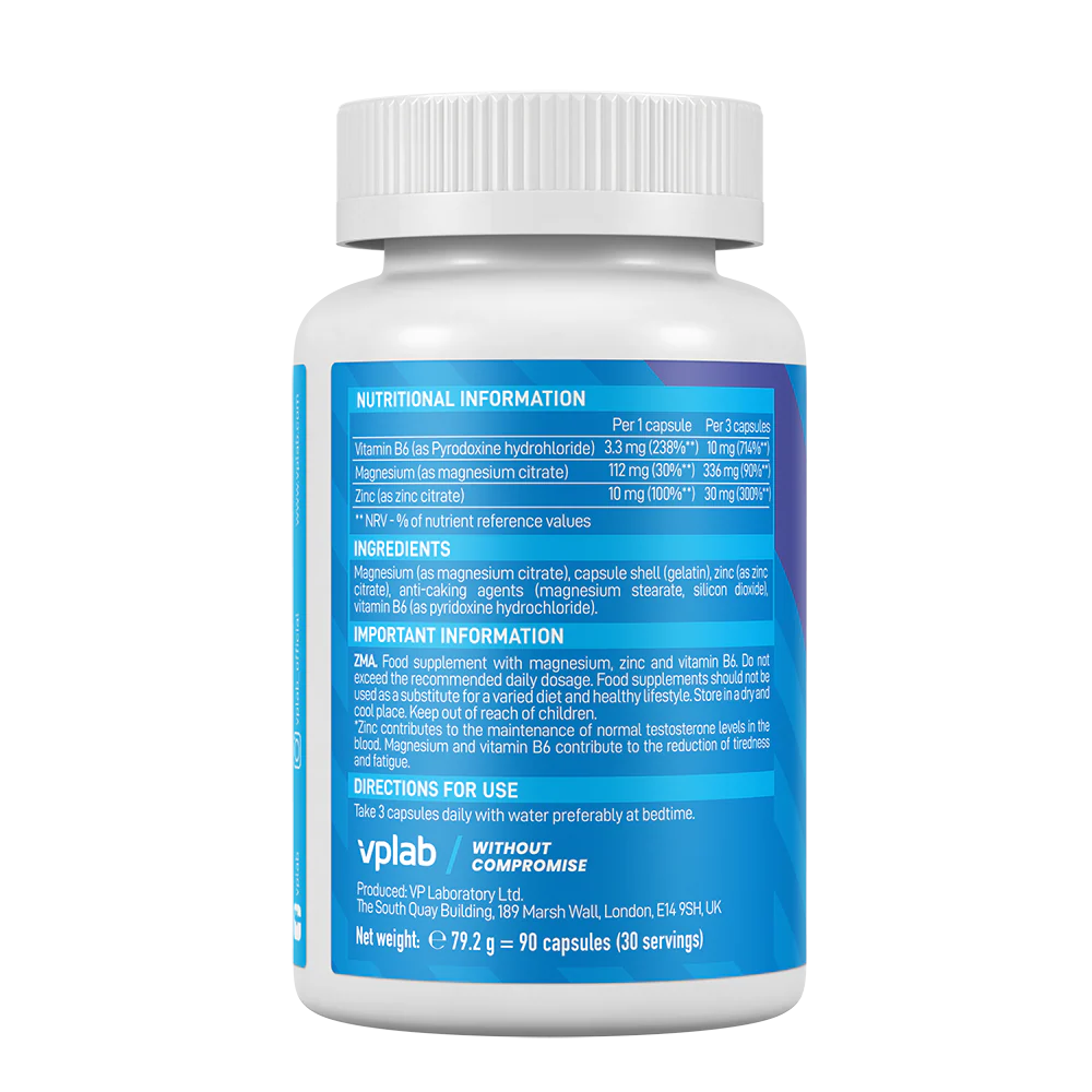 Composition of Vplab ZMA 90 capsules