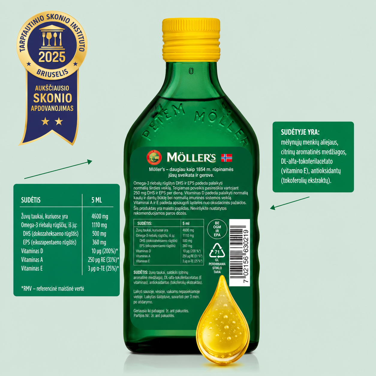 MÖLLER’S Omega-3 olej rybi o smaku cytrynowym, 250 ml