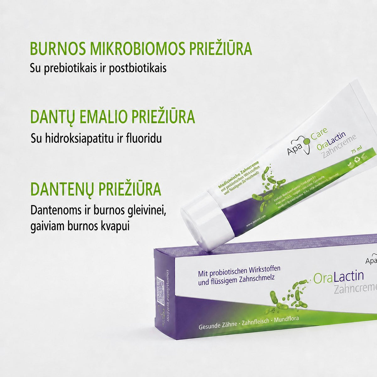 ApaCare OraLactin Medicininė dantų pasta su prebiotikais ir postbiotikais, 75 ml