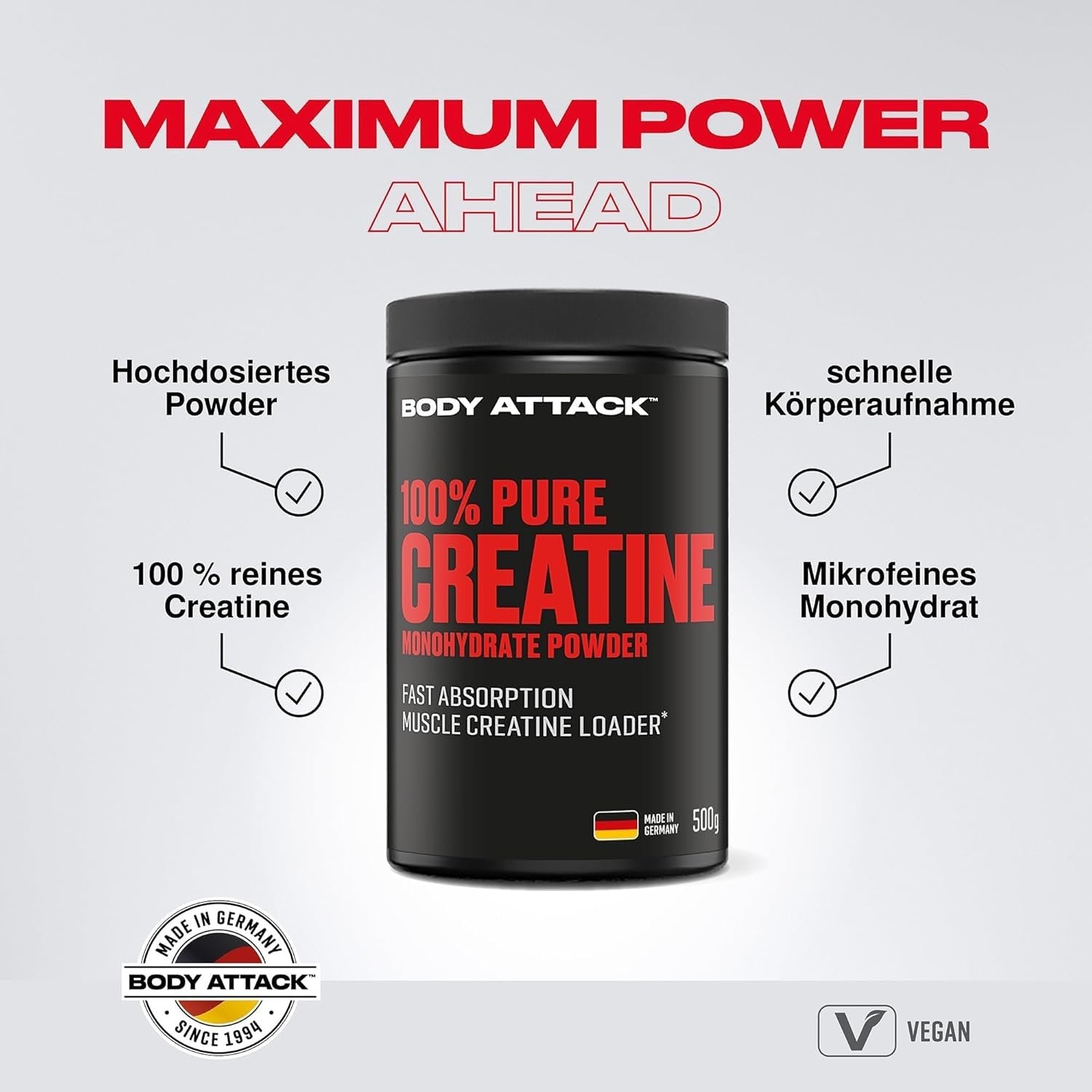 BODY ATTACK 100% Pure Creatine - 500g - Natural kokybe