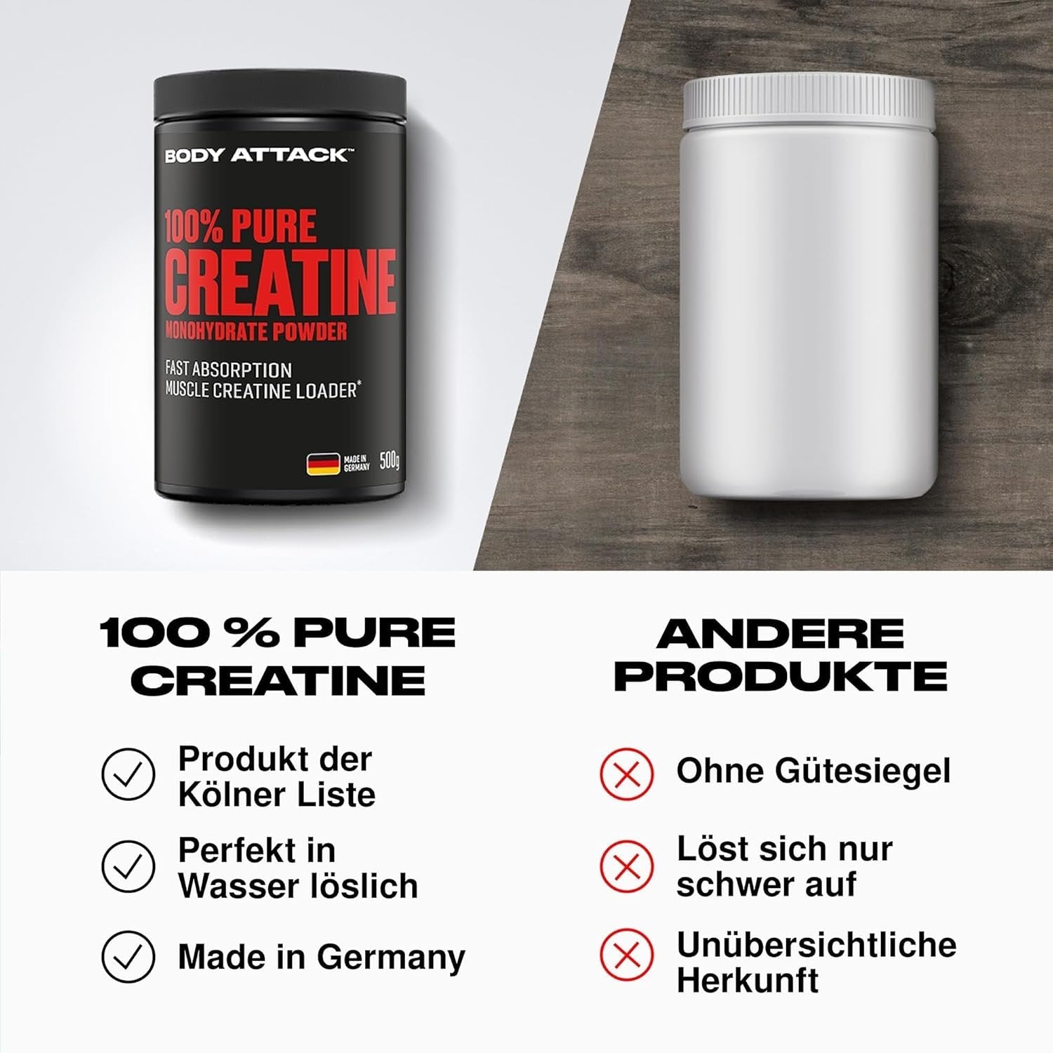 BODY ATTACK 100% Pure Creatine - 500g - Natural privalumai