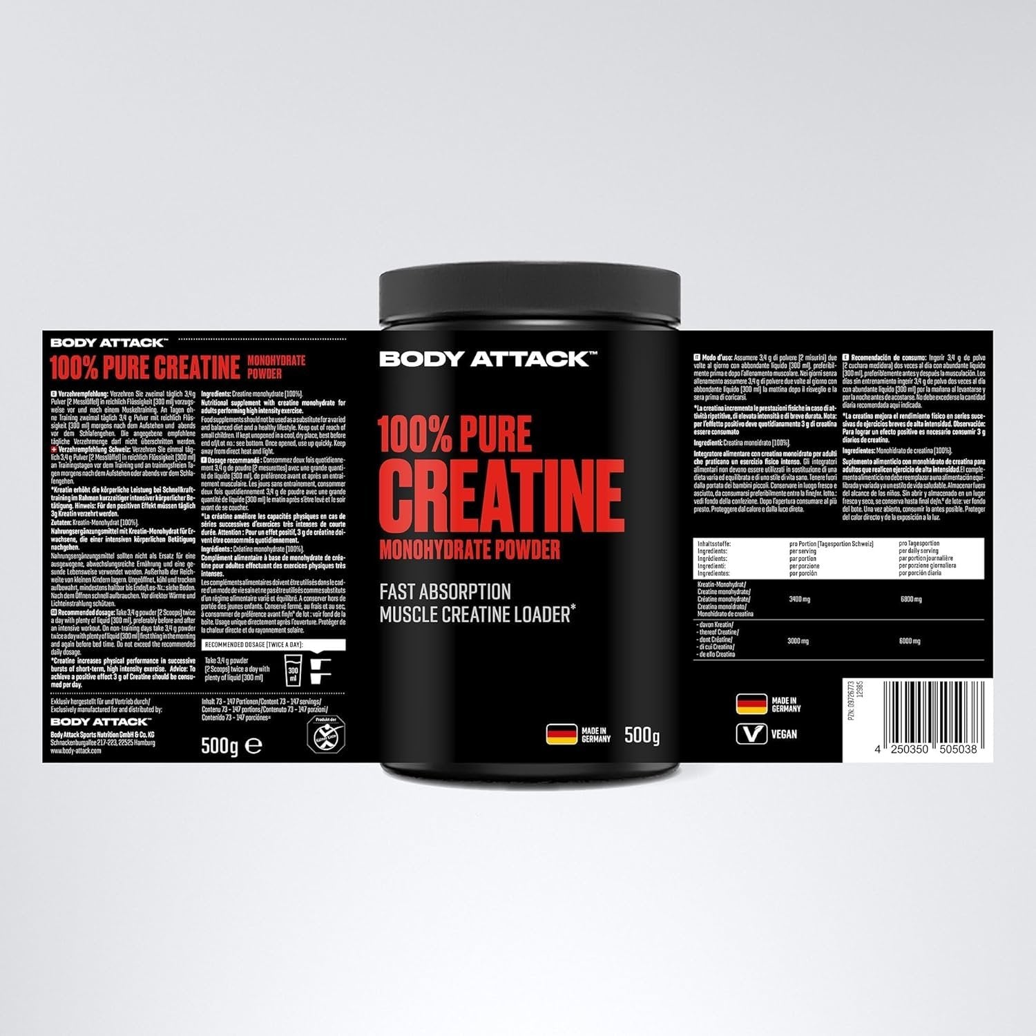 BODY ATTACK 100% Pure Creatine - 500g - Natural sudetis