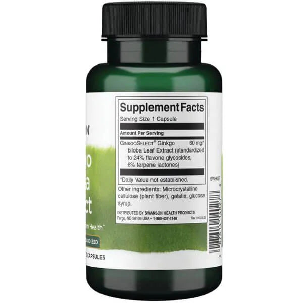 SWANSON Ginkgo Biloba Standartizuotas ekstraktas 60mg – 120 kapsuliu kaina sudetis