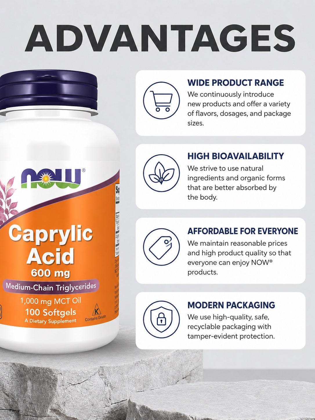 NOW Foods Kwas kaprylowy 600 mg – 100 kapsułek miękkich
