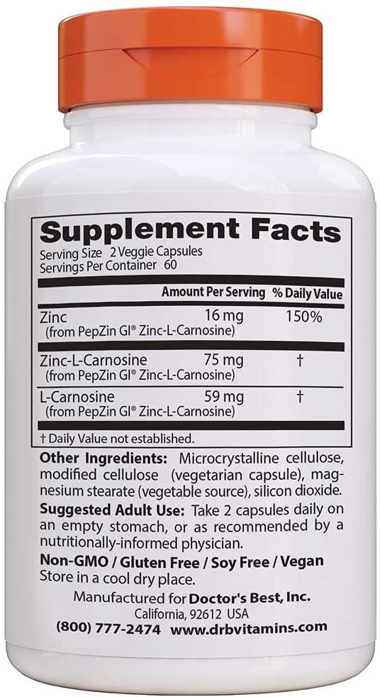 Doctor's Best PepZin GI - 120 vcaps Zinc-L-Carnosine Complex sudetis