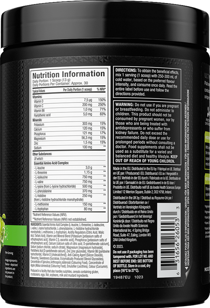 MuscleTech Platinum 100% EAA+ 399-401 grams green apple composition