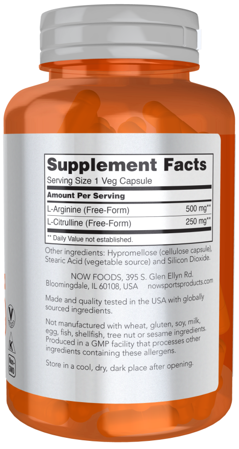 NOW Arginine 500mg & Citrulline 250mg 120 Veg. Composition of capsules