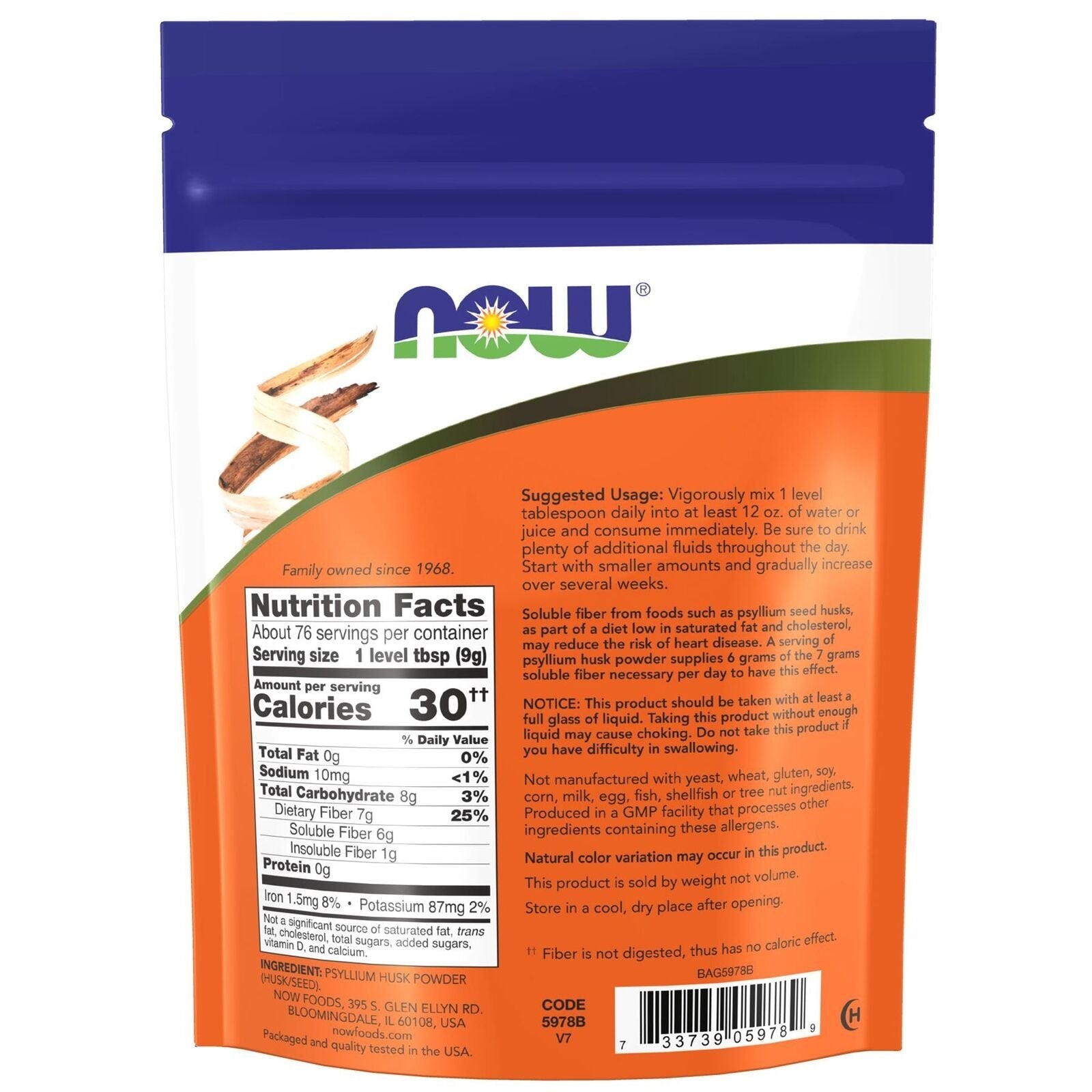 NOW FOODS Psyllium Husk Powder 680 g composition