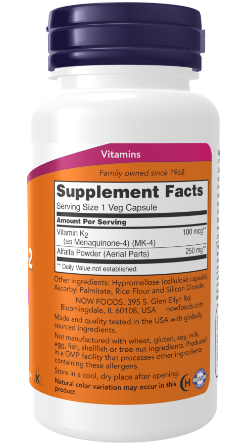 NOW Foods Vitamin K-2 100mcg 100capsules supplement facts