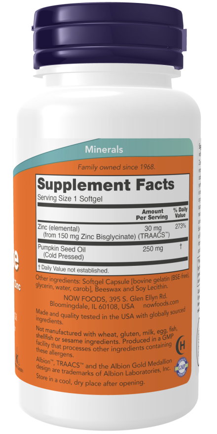 NOW Foods Zinc Glycinate - composition of 120 softgels