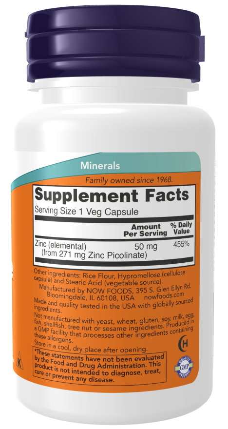NOW Zinc Picolinate 50mg 120 Vcaps composition
