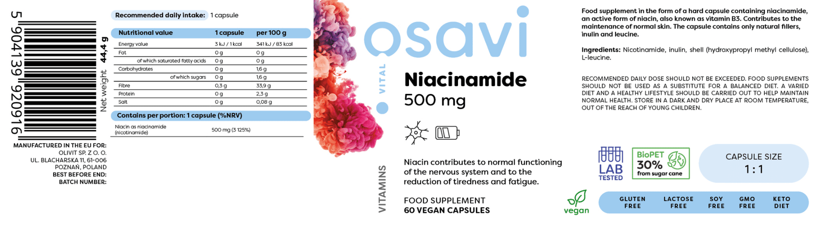 Osavi Niacinamide 500mg vegan capsules table