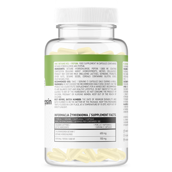 Composition of OstroVit Betaine HCl + Pepsin 100 caps