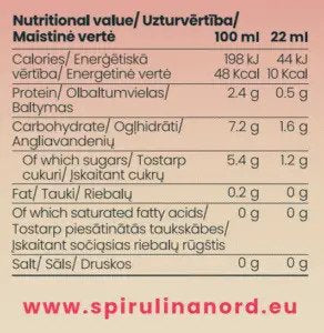 Spirulina Nord – Šviežia spirulina su sultimis (be pridėtinio cukraus) 330ml sudetis