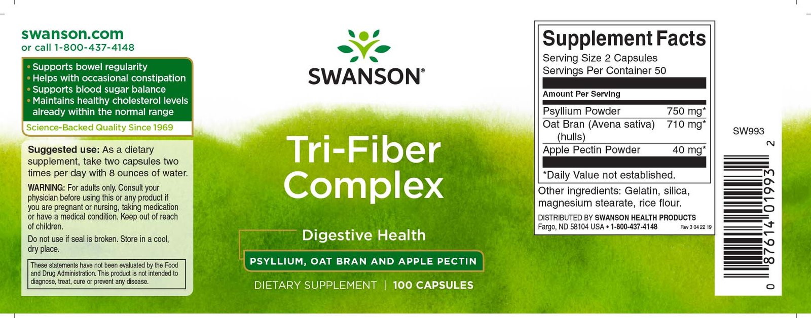 Swanson Tri-Fiber Complex Digestive Health 100 Caps label