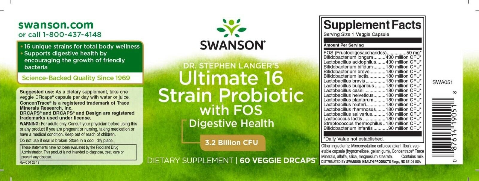 Swanson Ultimate 16 Strain Probiotic 60 caps. composition