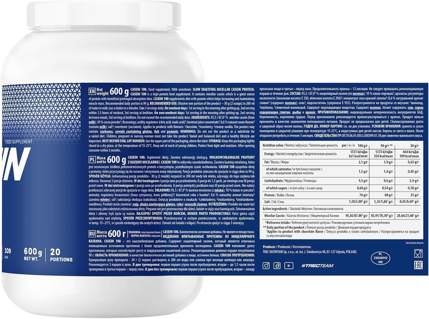 Trec CASEIN 100 600g vanilla composition