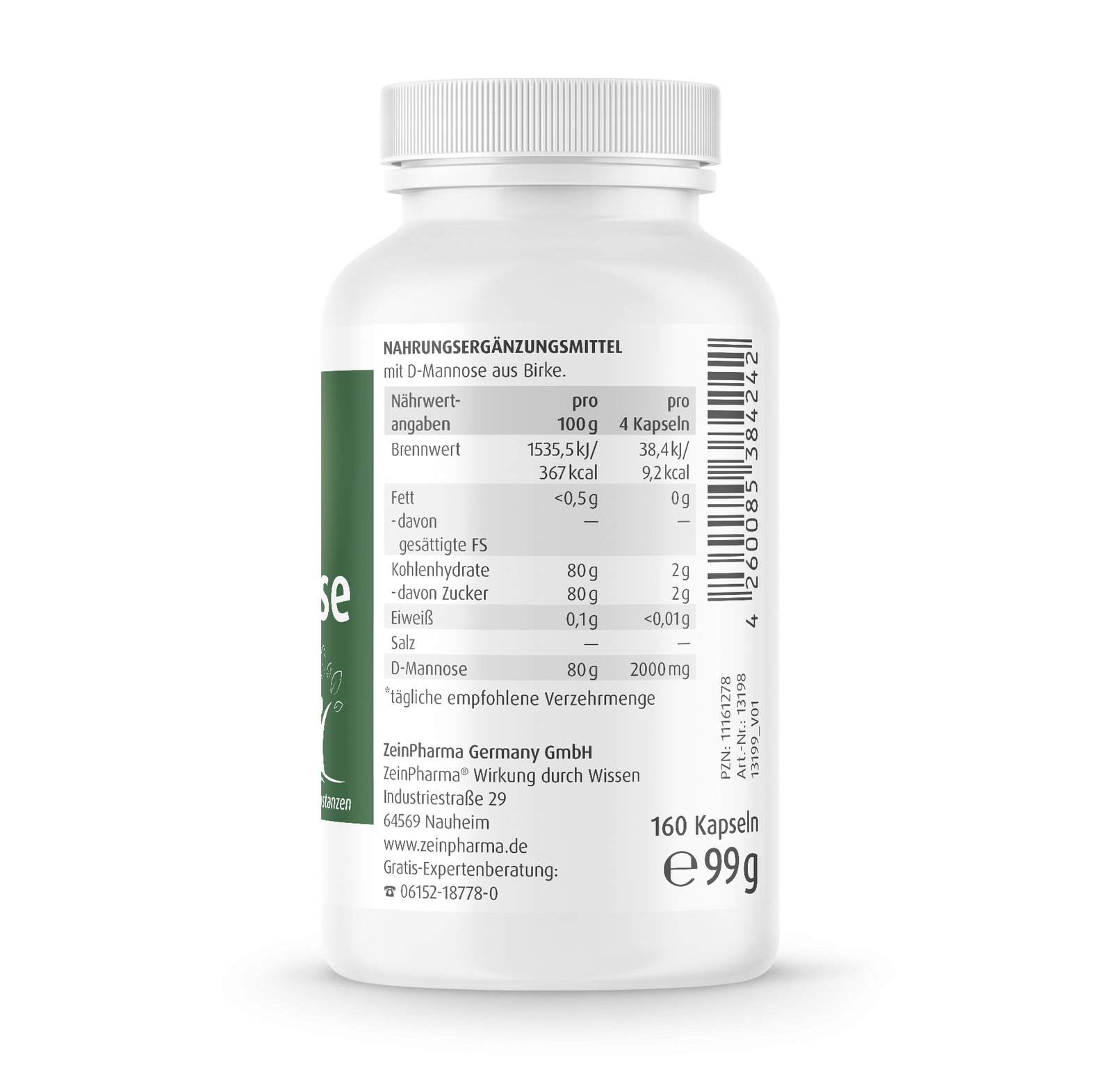 Zein Pharma Natural D-Mannose - 500mg, 160 capsules sudetis